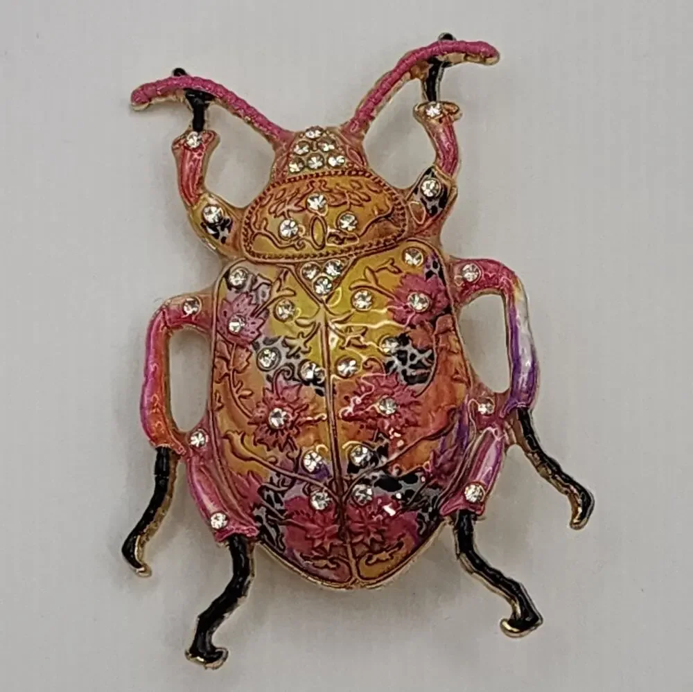 Enamel & Rhinestone Scarab Beetle Brooch Pin Floral Pattern in Pink & Yellow
